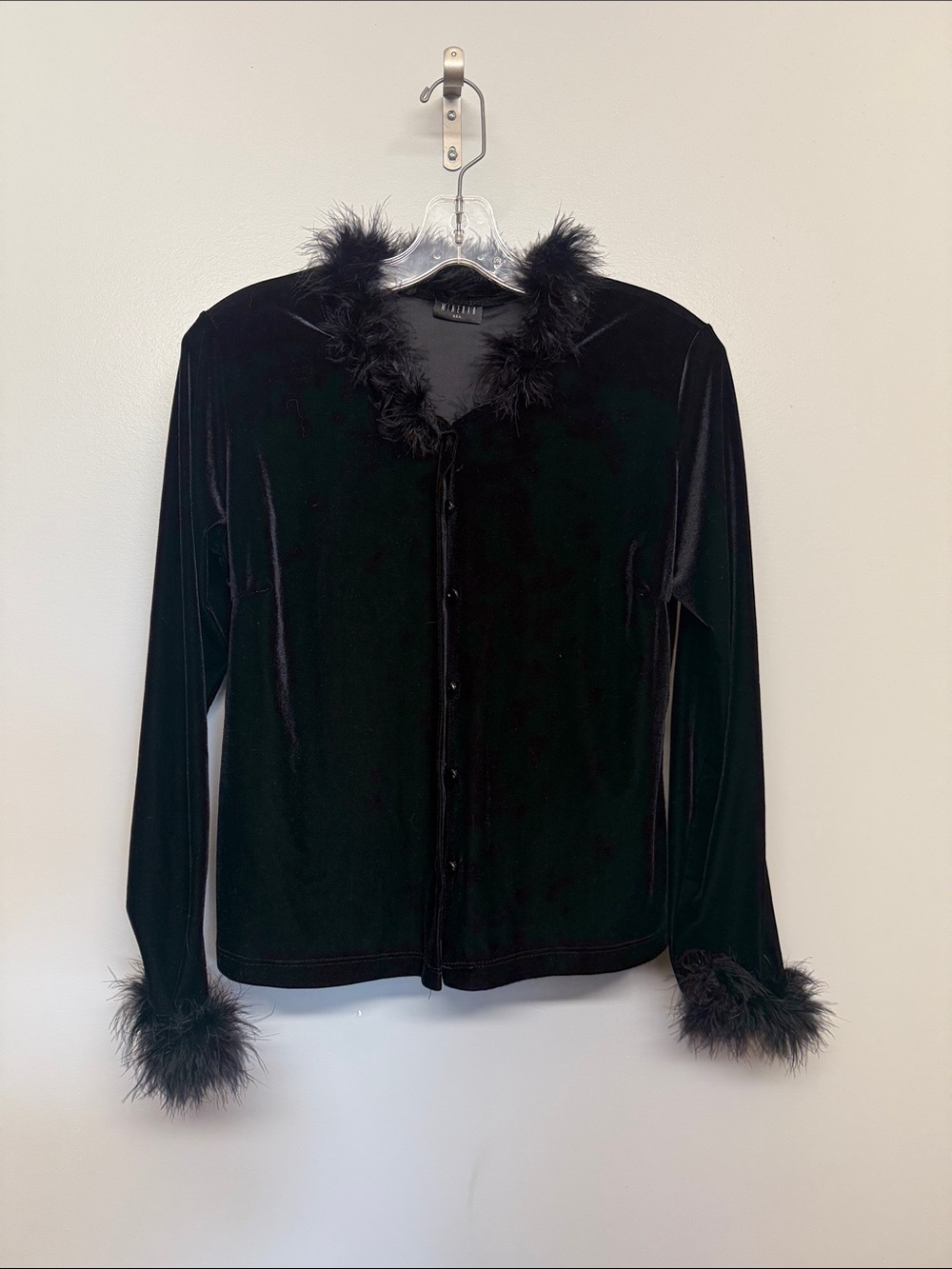 Minerva Black Velvet Feather Trim Button-Up Cardigan